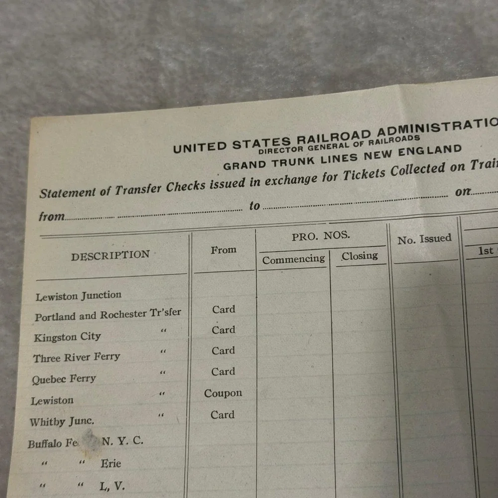 Vintage Grand Trunk Lines New England Railroad Transfer Statement Form JX